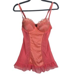 Babydoll Cami Top Coral Lace Mesh Sheer Adjustable Straps Small Coquette Y2K